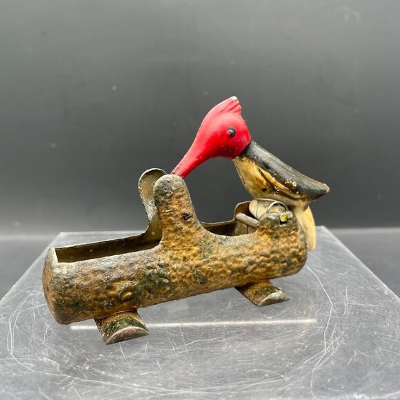 Cast Iron Woodpecker on a Log Toothpick Holder Grabber Vintage Metal Woodpecker - Picture 1 of 10